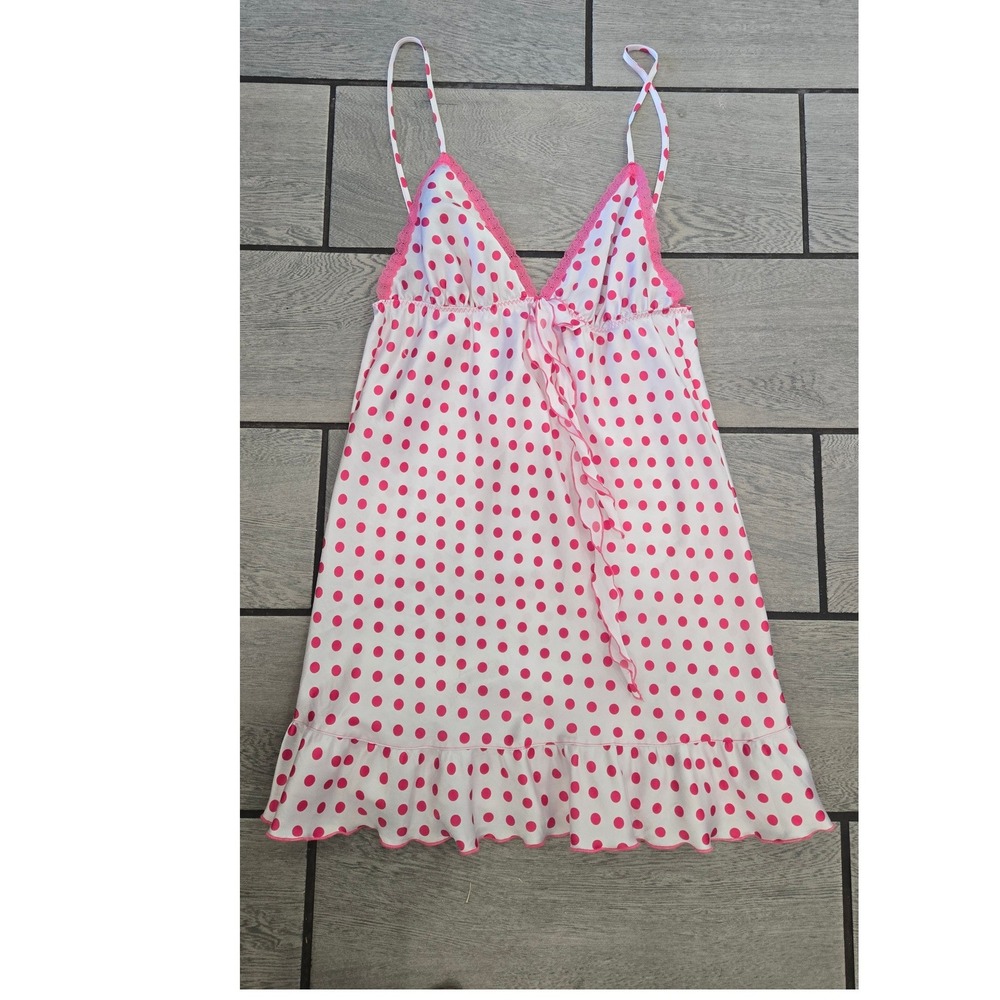Victoria's Secret Angels Pink White Polka Dot Lace Trim Ruffle Chemise Medium